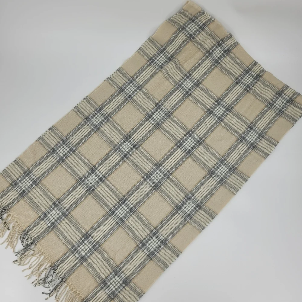 J.Crew Scarf Plaid Neutral Gray Tan Cream Fringe 24x78 Blanket Cottage Cabin